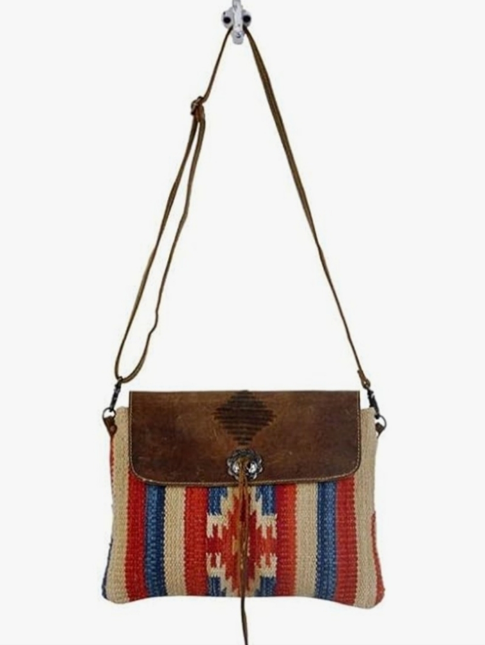 Myra Win Win Crossbody Bag Rustic Brown Leather & Southwestern Canvas Tapestry - Picture 4 of 14